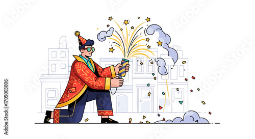 A joyful person in traditional festive attire kneels to ignite a sparkling firecracker amidst a stylized urban backdrop, symbolizing celebration and new beginnings.