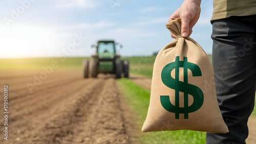 Farmer holding a money bag with a dollar sign in front of a tractor on a plowed field, symbolizing agricultural income and investment in farming