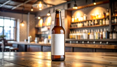 Empty beer bottle on a bar top.  Blurred pub background