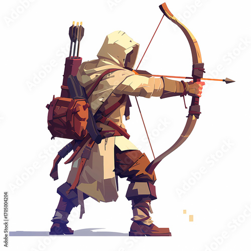 Medieval archer in profile, drawing a bow and arrow, wearing traditional attire.