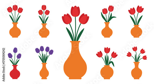 a variety of vases filled with colorful tulips arranged neatly