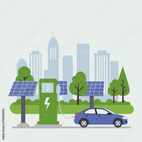 Electric car charging station cityscape