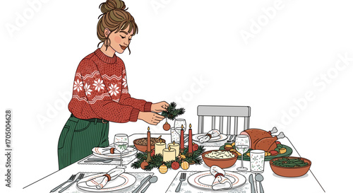 A happy woman thoughtfully decorates a festive dining table with pine branches and candles, preparing a delicious roasted turkey for a cozy holiday feast.