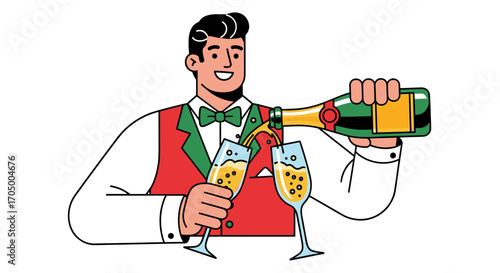 A smiling waiter pours sparkling champagne into two elegant flutes, celebrating a festive occasion with a cheerful and sophisticated service.