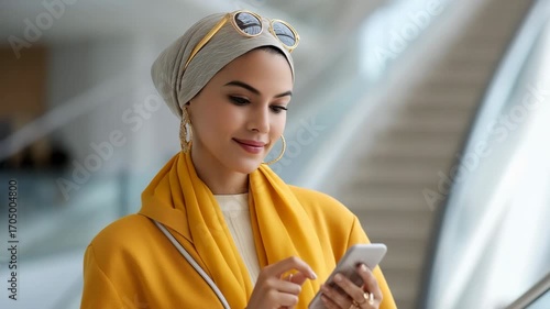 A woman wearing a yellow scarf and sunglasses is looking at her cell phone. She is focused on her phone, possibly checking messages or browsing the internet. The scene suggests a casual