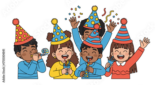 A joyful group of diverse children celebrates a festive birthday party with colorful hats, confetti, and party blowers, embodying happiness and friendship.