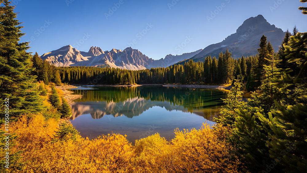 Fototapeta premium Serene Mountain Lake Reflecting Majestic Peaks Amidst Autumn Foliage and Towering Evergreen Forests Bathed in Golden Sunlight