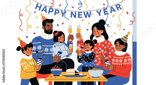 A joyful multiethnic family celebrates the arrival of a new year, toasting with drinks and enjoying festive food together at home.