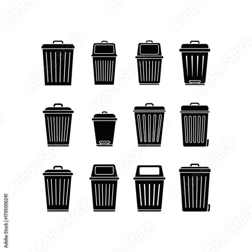 Collection of various black and white illustrations of different types of trash cans and bins, some with lids and pedal mechanisms, presented in a grid layout.