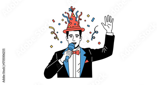 A cheerful man in a tuxedo and festive party hat hosts a lively event, speaking into a microphone amidst falling confetti, celebrating success.