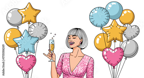 An elegant woman with a chic bob haircut raises a sparkling glass of champagne, surrounded by festive balloons, embodying pure joy and celebration.