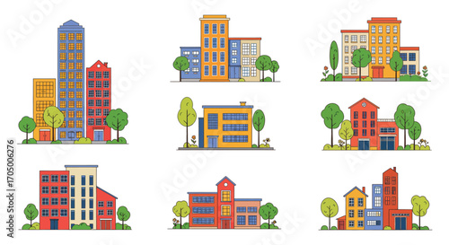 colorful buildings in various styles and sizes surrounded by green trees