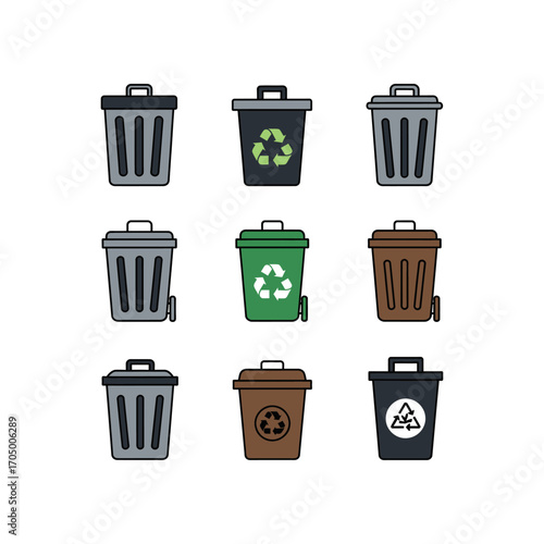 Nine different colored trash cans, some with recycling symbols, arranged in a grid.