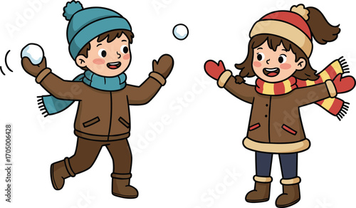 Cartoon boy and girl playing snowball fight in winter season, happy kids wearing warm clothes, fun children outdoor winter activity illustration