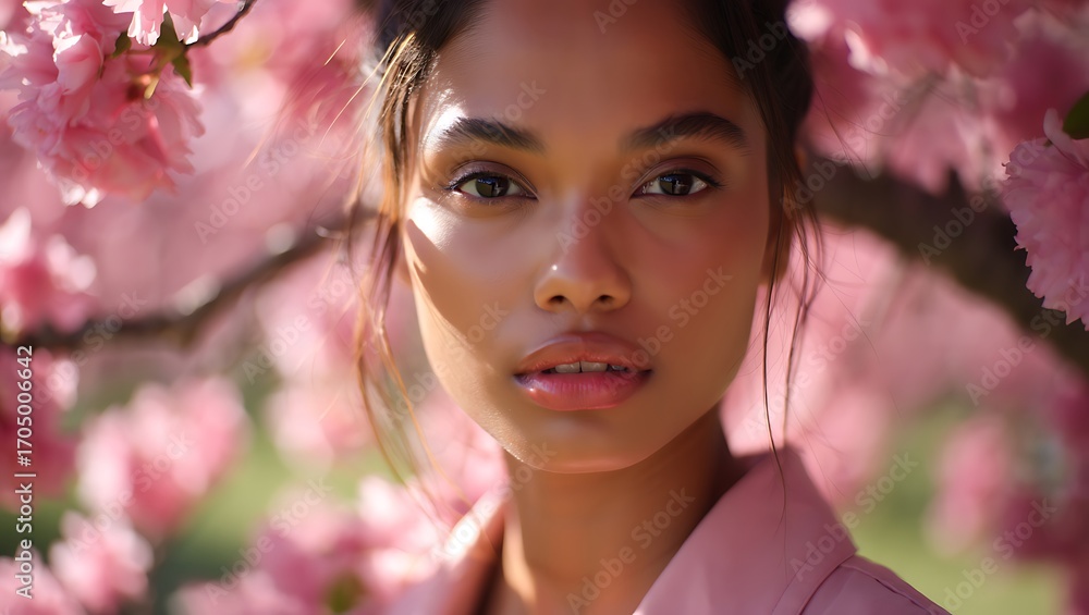 Fototapeta premium Close-Up Portrait of Beautiful Young Woman with Glowing Skin – Under Pink Cherry Blossom Trees, Dreamy Romantic Soft Light