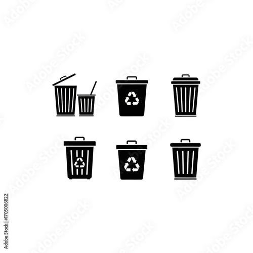 Collection of six stylized black and white icons representing different types of trash cans and recycling bins, some with recycling symbols.