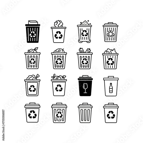 A collection of black and white line art icons depicting various trash cans and recycling bins, some filled with different types of waste.