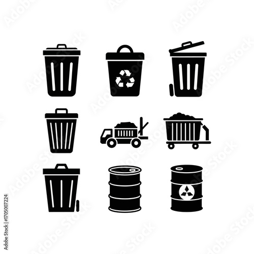 A collection of black and white vector icons representing various types of waste containers, including trash cans, recycling bins, a dump truck, a mine cart,...
