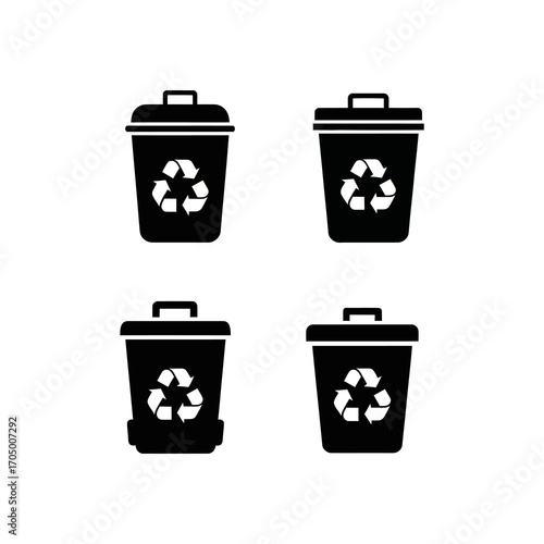 A set of four distinct black silhouette icons depicting various waste bins with prominent white recycling symbols.