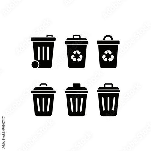 Six black and white vector illustrations of different trash cans, some with recycling symbols, arranged in two rows.