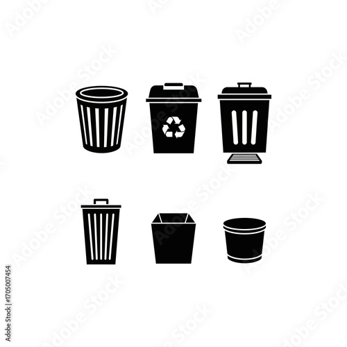 Collection of various black silhouette trash cans, showing different styles and features.