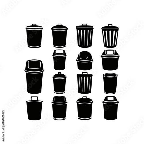 A collection of various black silhouette trash cans and waste receptacles on a white background.