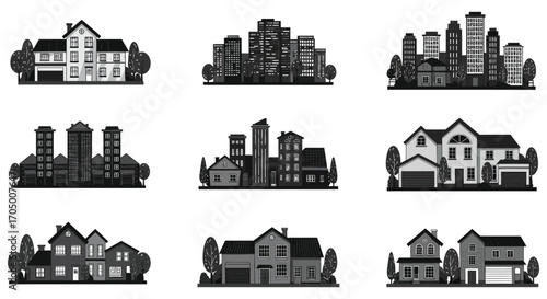 various architectural styles from urban skyscrapers to suburban homes