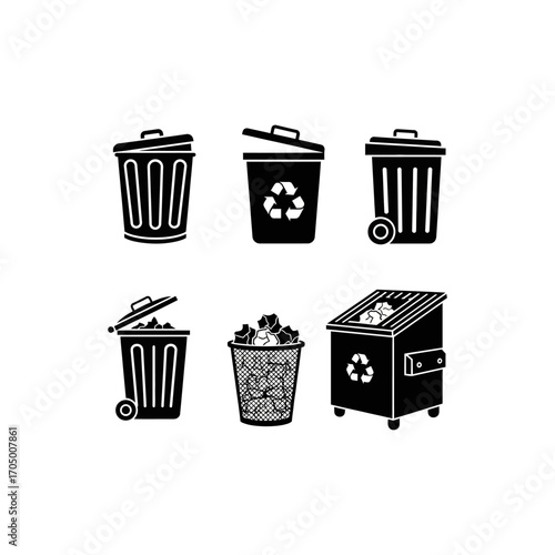 Collection of six black and white vector illustrations depicting various styles of trash cans and recycling bins, some filled with waste.
