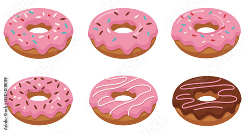 six colorful donuts with various toppings and glazes