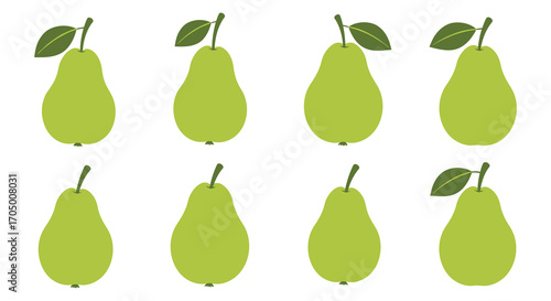 a row of green pears neatly arranged with leaves