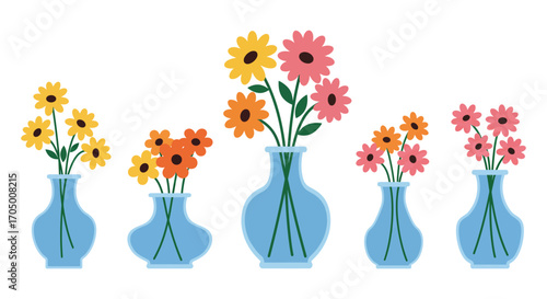 colorful flowers arranged neatly in blue vases