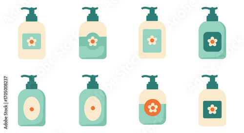 eight bottles of soap neatly arranged in two rows