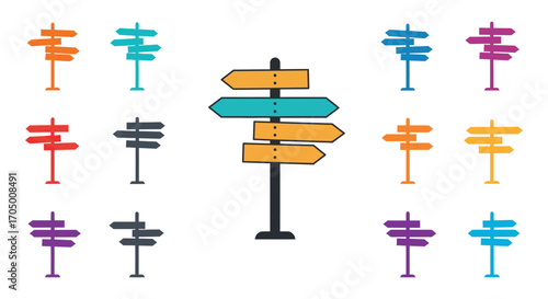 directional signs in various colors arranged neatly