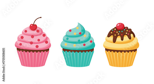 colorful cupcakes with frosting cherries and sprinkles