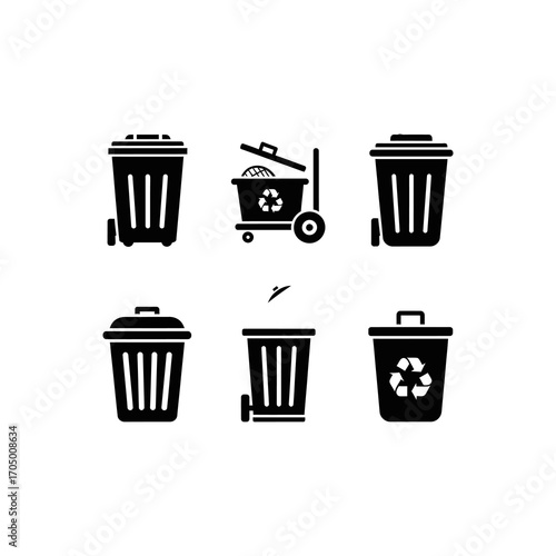 Collection of six stylized black icons representing various types of trash cans and recycling bins, some with wheels and lids, illustrating waste management and disposal.