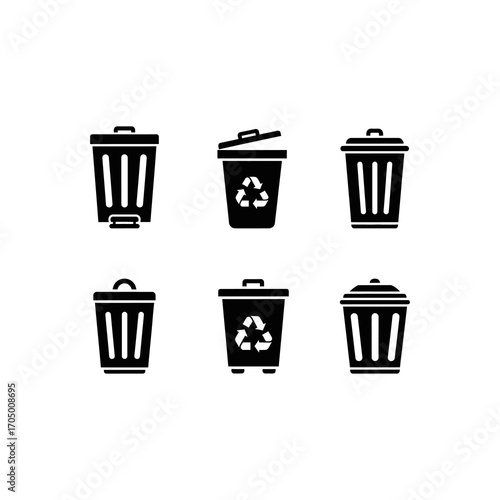 Six black and white vector illustrations of various trash cans and recycling bins with different lid and design styles.