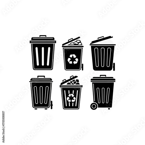 Set of six black silhouette icons of trash cans, including open, closed, overflowing, and wheeled bins.