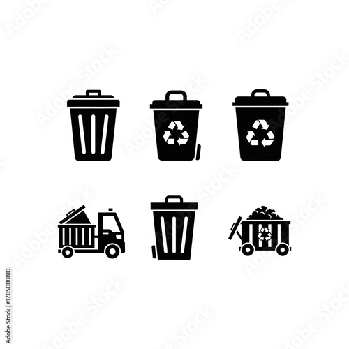 Waste disposal icons: trash cans, recycling bins, garbage trucks.