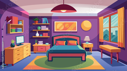 Modern cartoon bedroom with a bed dresser and window view