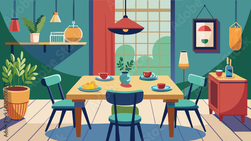 Cozy dining room scene with table chairs and plants