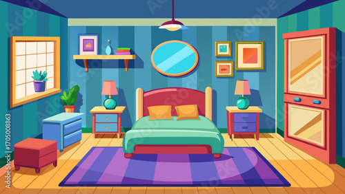 Cozy cartoon bedroom interior with bed nightstands wardrobe and window