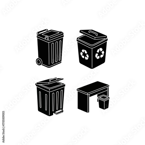 Black silhouette illustrations of various waste bins, including a wheeled trash can, a recycling bin, a pedal bin, and a desk with a small wastebasket.
