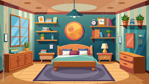 Cozy cartoon bedroom interior with bed window and shelves