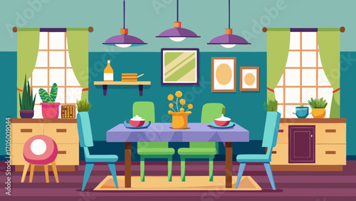 Cozy dining room interior with table chairs and decorations