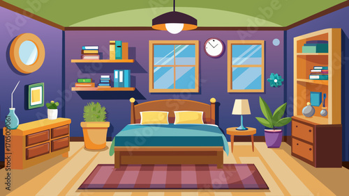 Cozy and colorful cartoon bedroom interior with bed and furniture