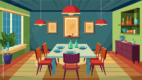 Cozy dining room with a table set for a meal and warm lighting