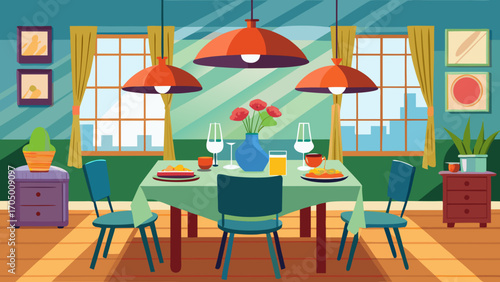 Cozy dining room with a table set for a meal and city view
