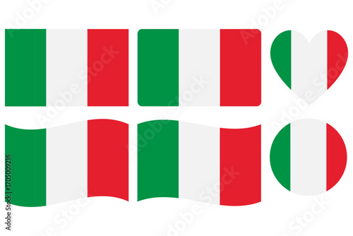 Flag of Italy. Flag icon. Standard colours. Standard sizes. Rectangular flag. Computer illustration. Italian flag in round and heart shape. Vector illustration.