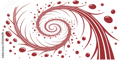 A swirling vortex of vibrant red paint splashes and droplets against a white background.  The paint forms a spiral, with thick, dynamic lines and numerous small, round droplets.  The color is a deep, 