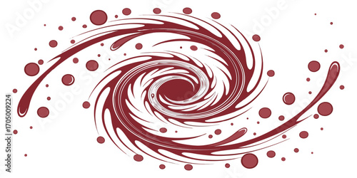 A swirling vortex of vibrant red paint splashes and droplets against a white background.  The paint forms a spiral, with thick, dynamic lines and numerous small, round droplets.  The color is a deep, 